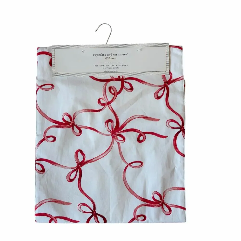 Cupcakes and Cashmere RIBBONS & BOWS Table Runner 16x72 Red White Holiday New